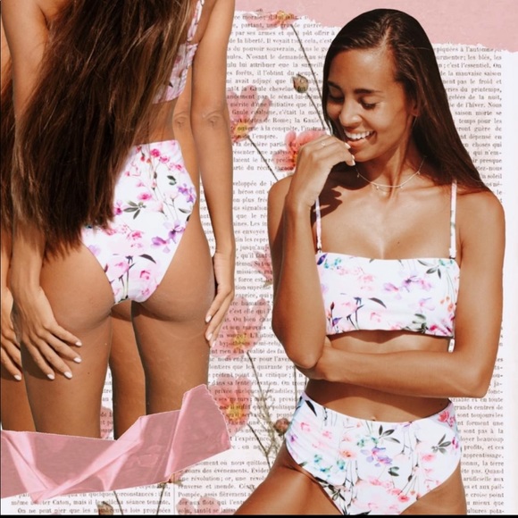 PINKCOLADA bandeau bikini with high rise medium coverage bottom in floral print - Picture 1 of 10
